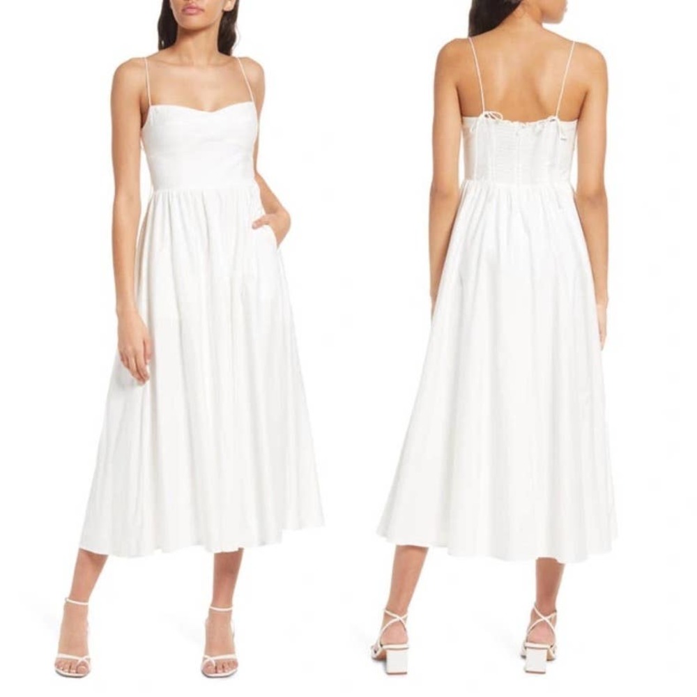 NWT Reformation Vinny Cotton Fit & Flare Midi Dress in White Size 12